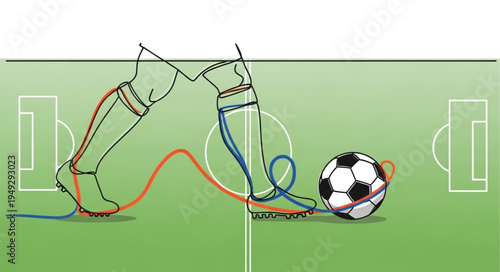 Soccer players kicking a ball on a green field illustration.