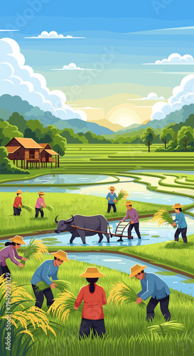 Vibrant illustration of farmers harvesting rice in lush green paddy fields with a water buffalo plowing, set against a backdrop of traditional houses and mountains.