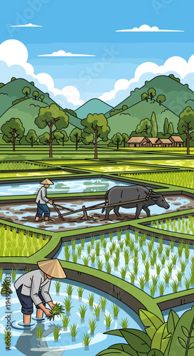 Traditional Asian rice paddy field with farmers cultivating crops and a water buffalo plowing under a blue sky.