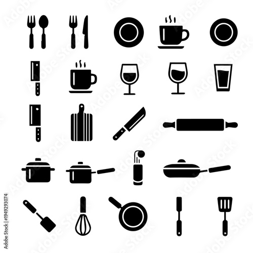 Modern collection of essential kitchen utensils, cookware, and dining flatware vector icons