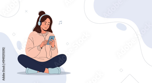 Young Woman Listening to Music on Phone with Headphones, Relaxing at Home