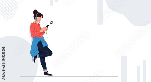 Young Woman Listening to Music on Smartphone with Headphones, Leaning Against Wall