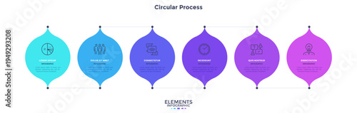 Three round colorful elements with linear symbols inside, connected with linear elements and text boxes. Concept of 3 steps to business growth. Infographic design template. Vector illustration.