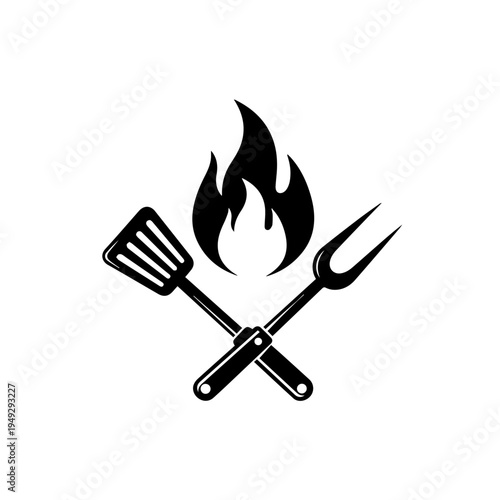 Classic barbecue emblem featuring a hot flame and crossed grilling utensils