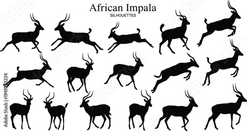 African impala silhouettes collection, antelope running and jumping wildlife poses set, savanna animal silhouettes isolated for African safari wildlife design