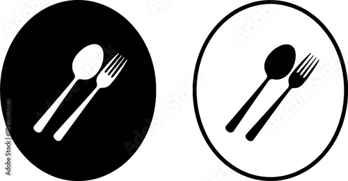 Cutlery icons in black and white circular emblems for restaurant branding