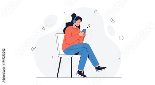 Young Woman Listening to Music on Smartphone with Headphones, Relaxing