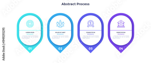 Four numbered circular frames placed in horizontal row. Concept of 4 stages of marketing strategy. Modern flat infographic design template. Simple vector illustration for business presentation.