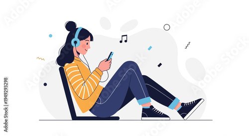 Young Woman Listening to Music with Headphones and Phone, Relaxing at Home