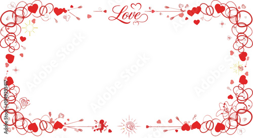 a very unique frame made of red hearts and love is written on the top of the frame . very feboulas frame 