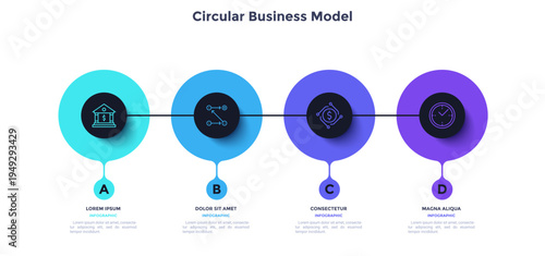 Process chart with four connected blak circles placed in horizontal row. Concept of 4 stages of startup development. Modern infographic design template. Flat vector illustration for report.