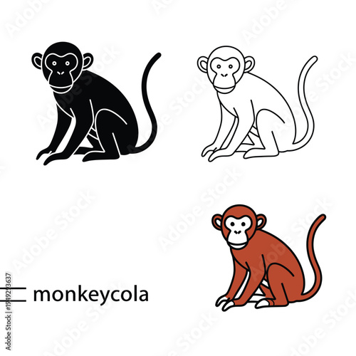 Monkey animal icon set black outline and colored cartoon illustration isolated on white