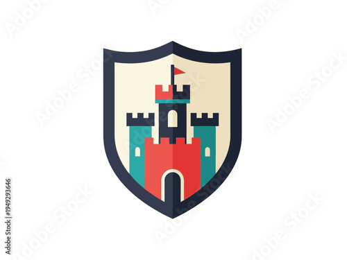 Flat Design Shield with Medieval Castle Illustration.