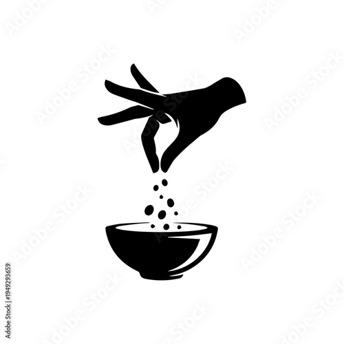 Dynamic silhouette of a hand sprinkling granular ingredients into a bowl, cooking concept
