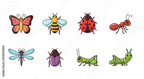Cartoon insects set butterfly bee ladybug