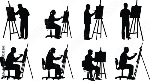Artist painting on canvas silhouettes collection, painters working with easel drawing artwork poses set, creative people art studio silhouettes isolated for design