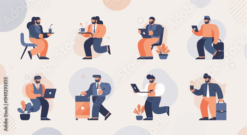 Diverse business people engaged in various tasks, including working on laptops and holding beverages