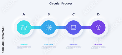 Four circular elements placed in horizontal row. Concept of 4 steps to startup project launch. Neumorphic infographic design template. Modern flat vector illustration for business presentation.