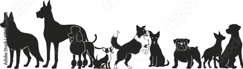 Dog Silhouettes Set with Various Breeds and Poses, Domestic Pet Animals Standing and Sitting Black Vector Illustration Isolated on White Background