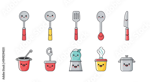 Cartoon kitchen utensils on white background