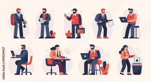 Collection of stylized people in office attire engaged in various work-related activities