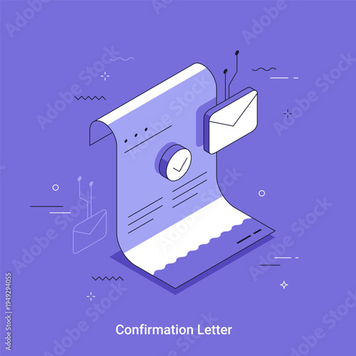 Isometric vector illustration with document with checkmark stamp and envelope. Email confirmation concept. Online business communication and verified status.