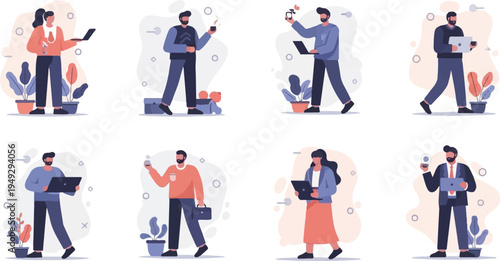 Collection of stylized people interacting with devices and plants