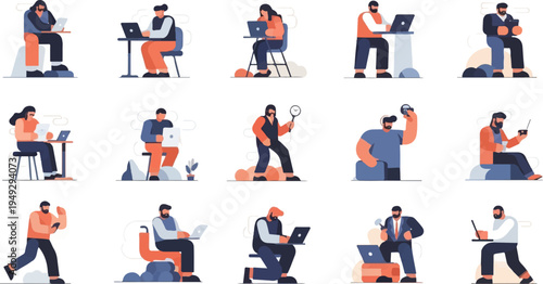 Collection of stylized people working and using various devices