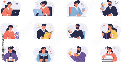 Collection of stylized professional characters engaged in work and leisure