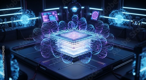 Futuristic AI Processor Chip with Neural Network Data Flow and Advanced Computing Technology
