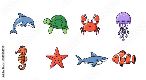 Cartoon marine animals set on white
