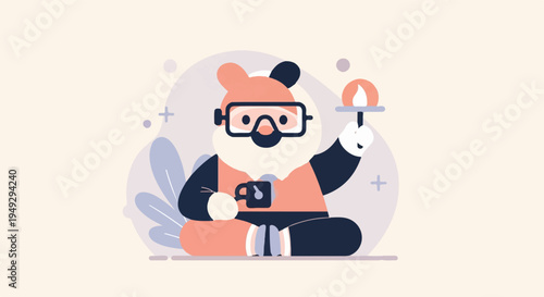 Cozy character with snorkel goggles holds a mug and a lit torch