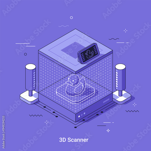 Isometric vector illustration with 3D scanner device scanning a rubber duck model. Futuristic technology for object digitization and replicate creation in cartoon style.