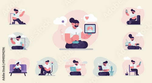 Collage of modern individuals engaging with various digital devices