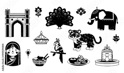Cute Indian Mughal cultural sticker style vector set with peacock elephant tiger arch parrot woman