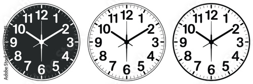 Black and white wall clock icons, modern round analog clock dials, simple time symbol graphics, elegant vector design for interior decor concepts.