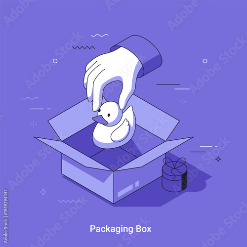Hand placing toy duck inside packaging box as delivery or unboxing concept. Thin line isometric vector 3d printing illustration.