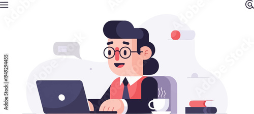 Cheerful person in glasses working on a laptop with a coffee cup nearby