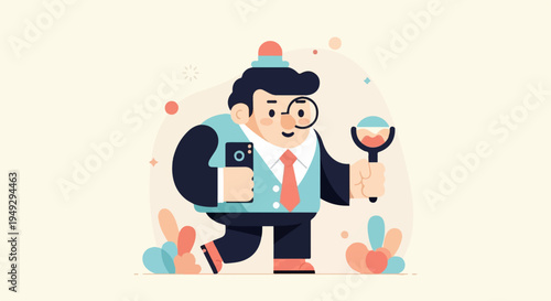 Curious cartoon detective examines evidence with magnifier and phone