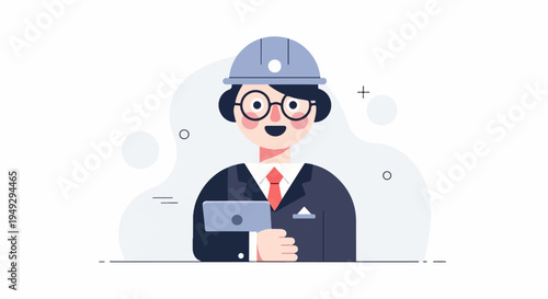 Cheerful person in hard hat and suit holding a tablet