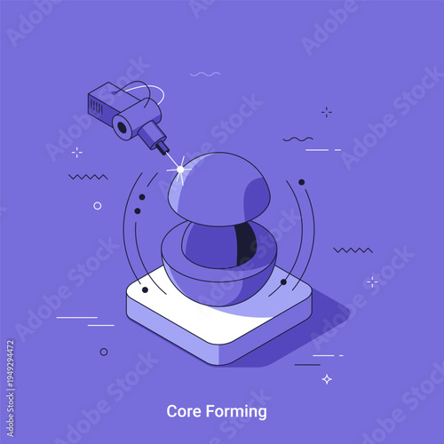 Isometric vector illustration with Laser machine applying thin shell layer on open core forming material. Modern industrial process in 3D printing and manufacturing technology concept.