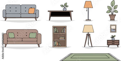 Cozy living room furniture, plants, and art