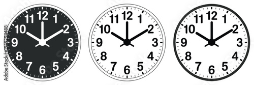 Black and white wall clock icons, modern round analog clock dials, simple time symbol graphics, elegant vector design for interior decor concepts.