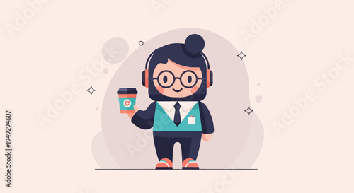 Cheerful person in headphones holding a coffee cup, surrounded by abstract shapes