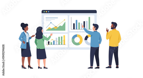 Diverse Business Team Analyzing Data Analytics Dashboard. Professionals Collaborate on Financial Reports, Marketing Statistics, and Growth Strategy.