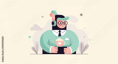 Cheerful person in headphones holding a mug of frothy drink