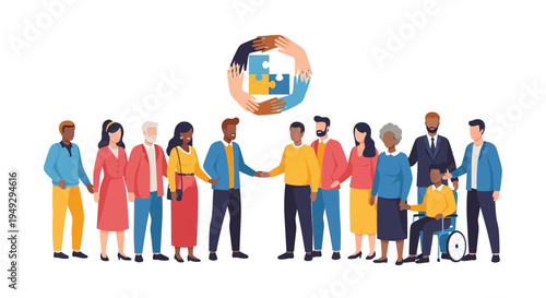 Diverse Group of People with Interlocking Hands & Puzzle Pieces Symbolizing Unity, Inclusion, Teamwork, and Community