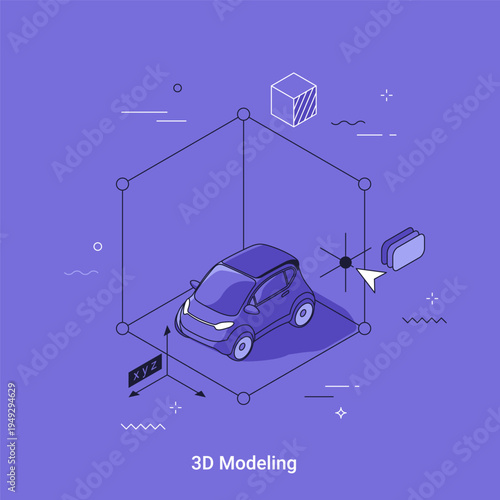 Isometric vector illustration of car 3d modeling. Automotive design software with axis tool. Digital engineering and virtual blueprint of generic vehicle for industrial innovation concept.