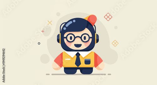Cute cartoon character with headphones and tie, with abstract shapes