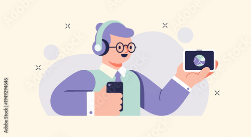 Cheerful person in headphones holds phone and tablet with graphics